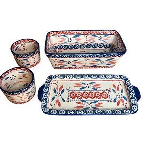 Temptations Old World Loaf Pan Tray 2 Ramekins Red‎ Blue White Ceramic Bakeware